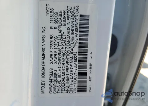 2020 Honda Accord Sport z USA, uszkodzony, nr VIN 1HGCV1F35LA152264